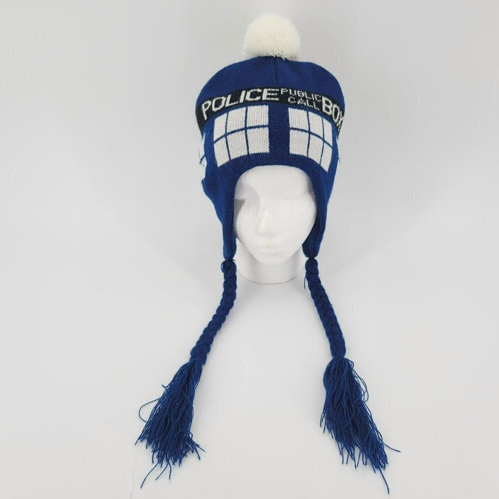 Hot Topic Doctor Who Police Public Call Box Knit Winter Hat Adult OS